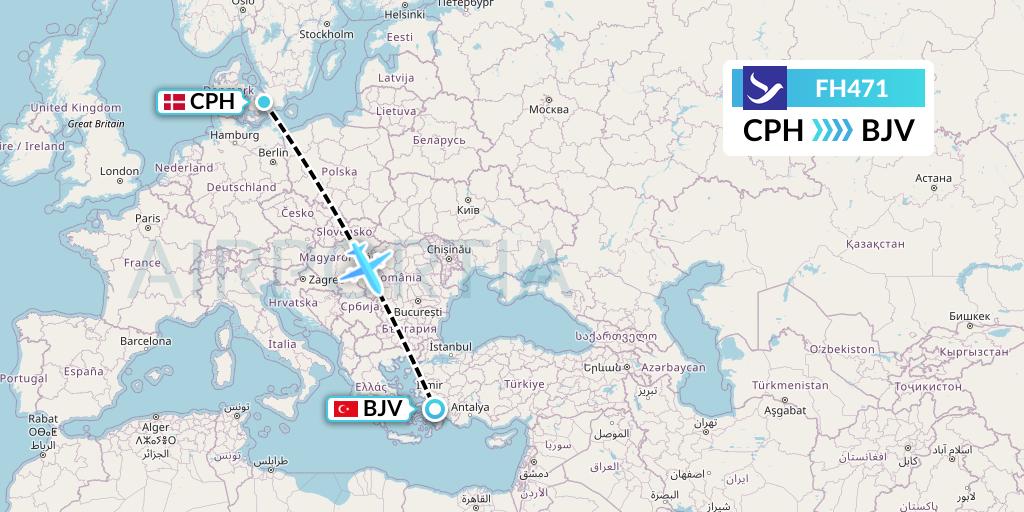 FH471 Freebird Airlines Flight Map: Copenhagen to Bodrum