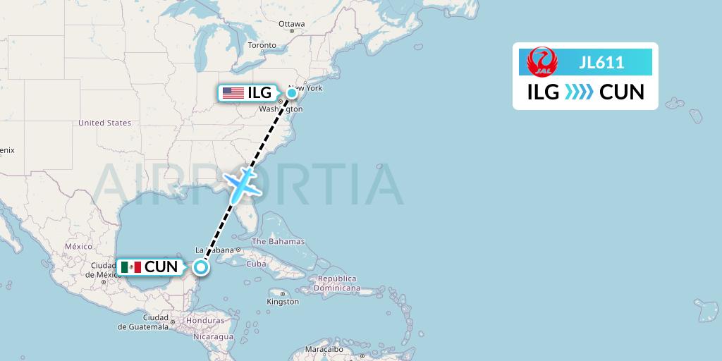 JL611 Japan Airlines Flight Map: Wilmington to Cancun