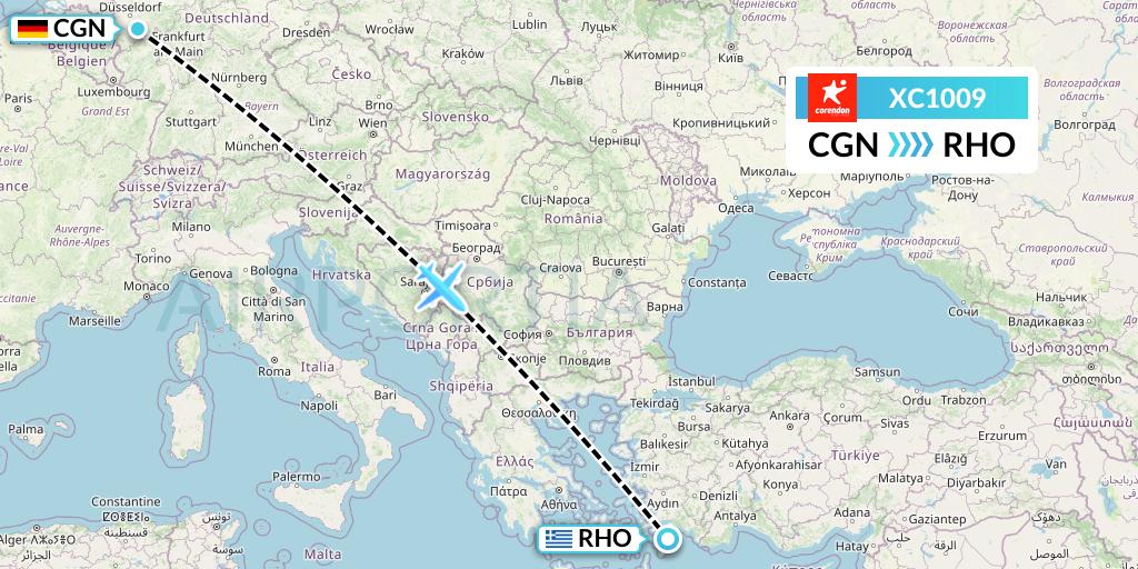 XC1009 Corendon Airlines Flight Map: Cologne to Rhodes