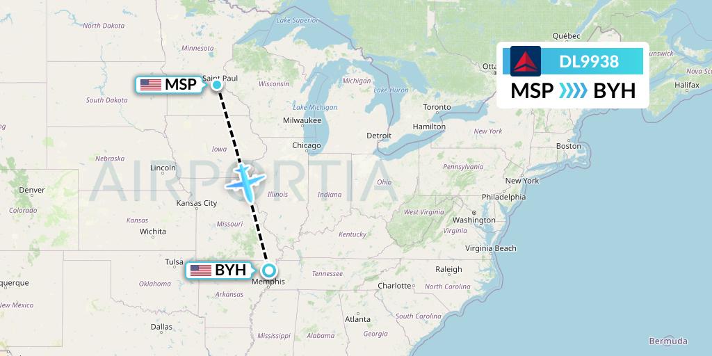 DL9938 Delta Air Lines Flight Map: Minneapolis to Blytheville
