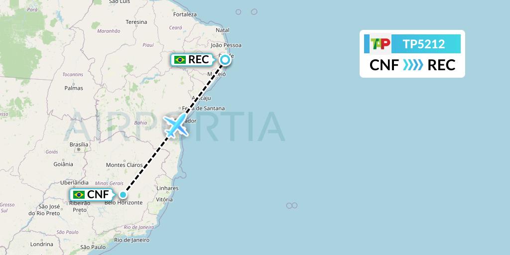 TP5212 TAP Portugal Flight Map: Belo Horizonte to Recife