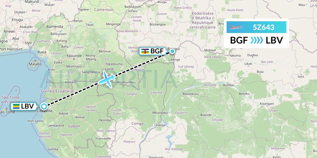 5Z643 CemAir Flight Map: Bangui to Libreville