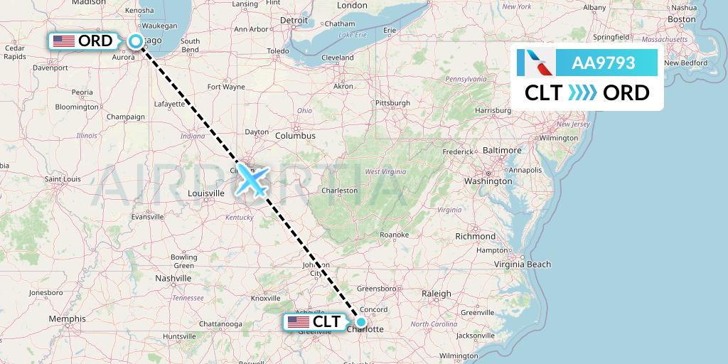 AA9793 American Airlines Flight Map: Charlotte to Chicago
