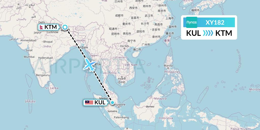XY182 Flynas Flight Map: Kuala Lumpur to Kathmandu