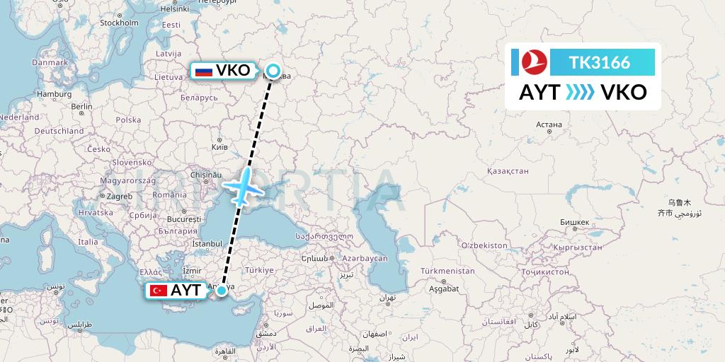 TK3166 Turkish Airlines Flight Map: Antalya to Moscow