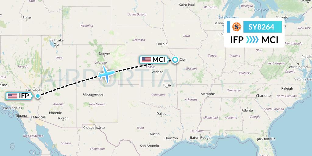 SY8264 Sun Country Airlines Flight Map: Bullhead City to Kansas City