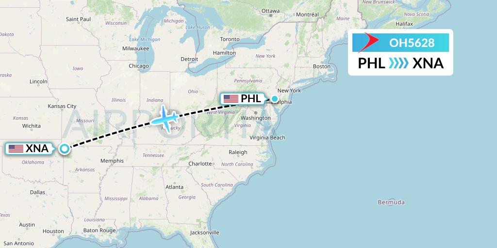 OH5628 PSA Airlines Flight Map: Philadelphia to Bentonville