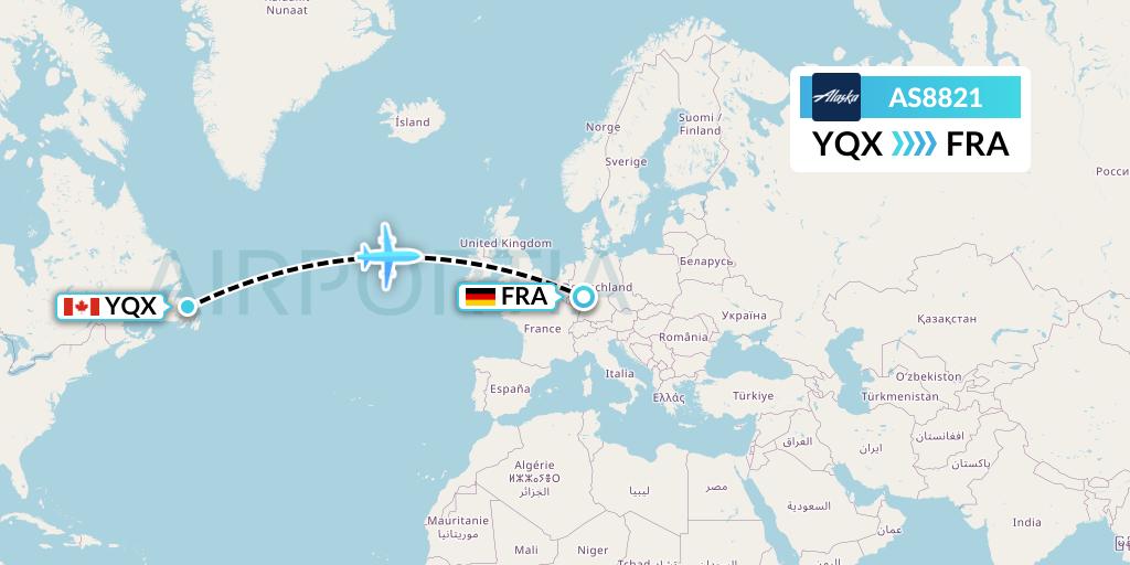 AS8821 Alaska Airlines Flight Map: Gander to Frankfurt