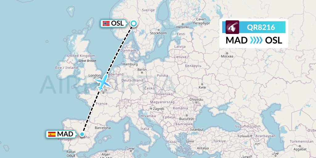 QR8216 Qatar Airways Flight Map: Madrid to Oslo