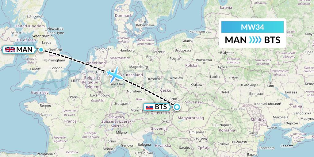 MW34 Mokulele Flight Service Flight Map: Manchester to Bratislava