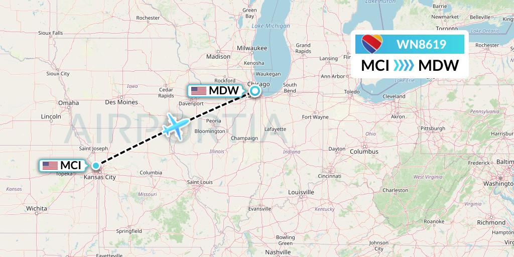 WN8619 Southwest Airlines Flight Map: Kansas City to Chicago