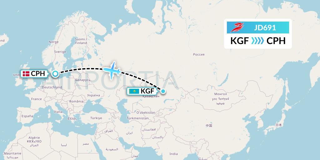 JD691 Capital Airlines Flight Map: Karaganda to Copenhagen