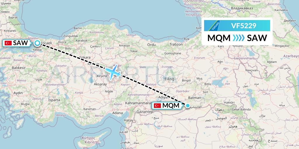 VF5229 ValuAir Flight Map: Mardin to Istanbul