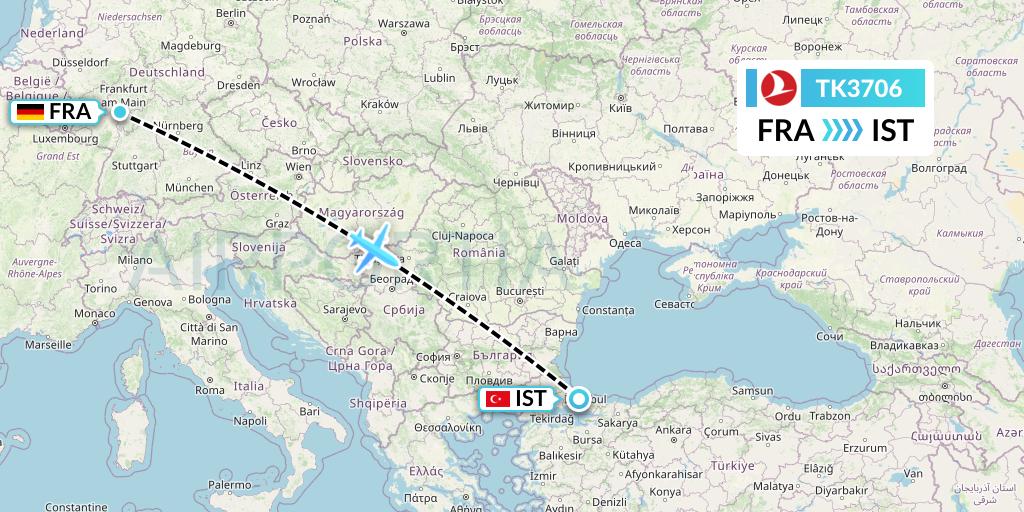 TK3706 Turkish Airlines Flight Map: Frankfurt to Istanbul