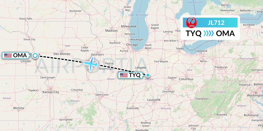 JL712 Japan Airlines Flight Map: Indianapolis to Omaha