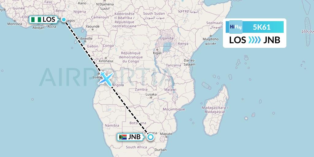 5K61 Hi Fly Flight Map: Lagos to Johannesburg