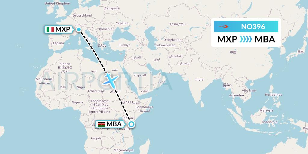 NO396 Neos Flight Map: Milan to Mombasa