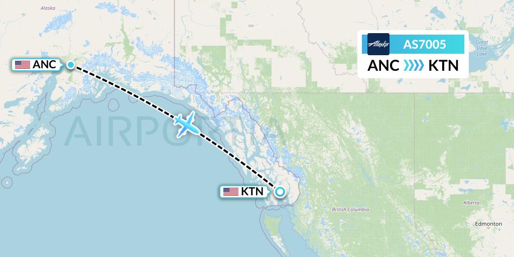 AS7005 Alaska Airlines Flight Map: Anchorage to Ketchikan