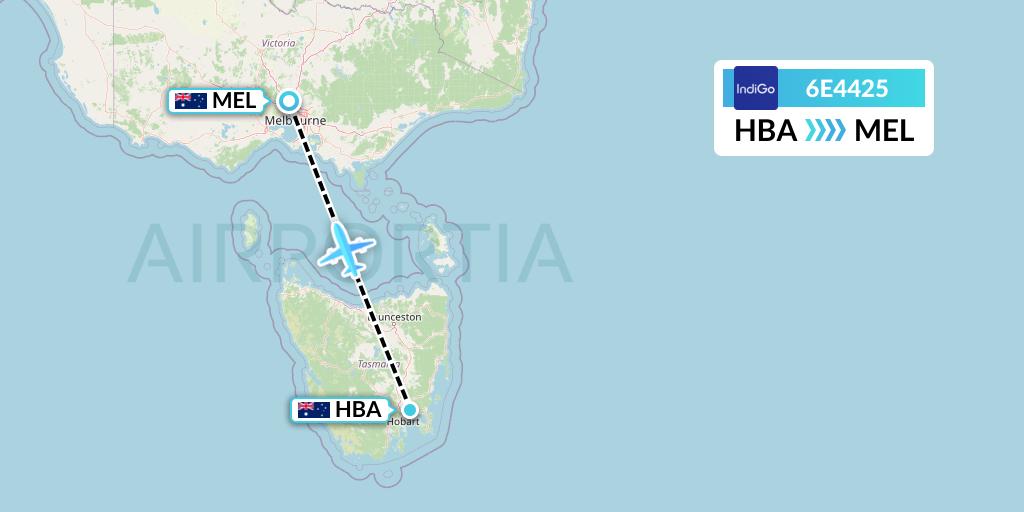 6E4425 IndiGo Airlines Flight Map: Hobart to Melbourne