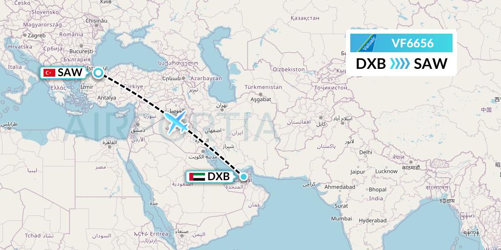 VF6656 ValuAir Flight Map: Dubai to Istanbul