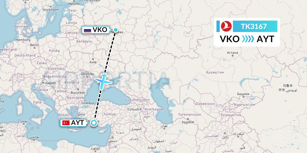 TK3167 Turkish Airlines Flight Map: Moscow to Antalya