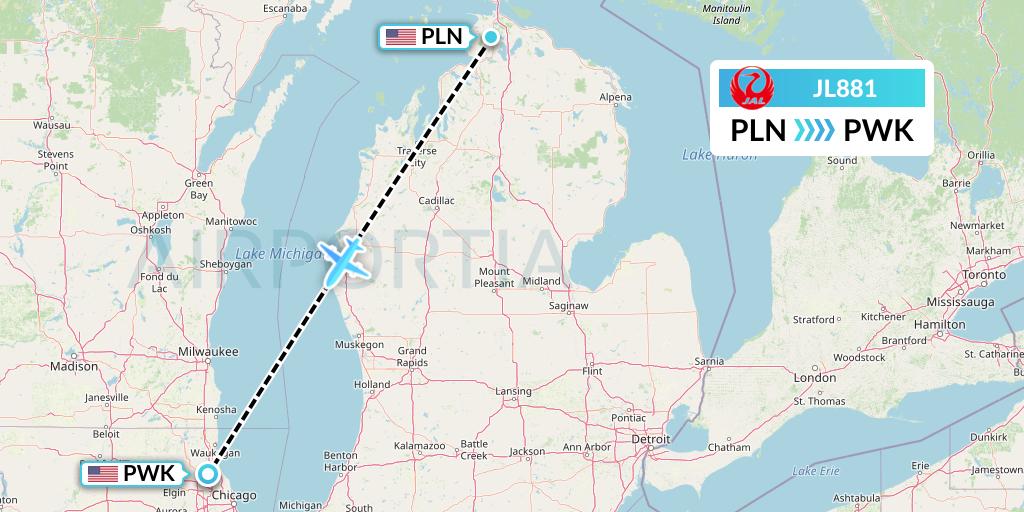 JL881 Japan Airlines Flight Map: Pellston to Chicago