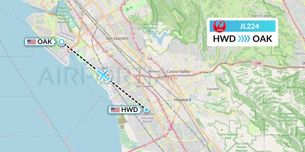 JL224 Japan Airlines Flight Map: Hayward to Oakland