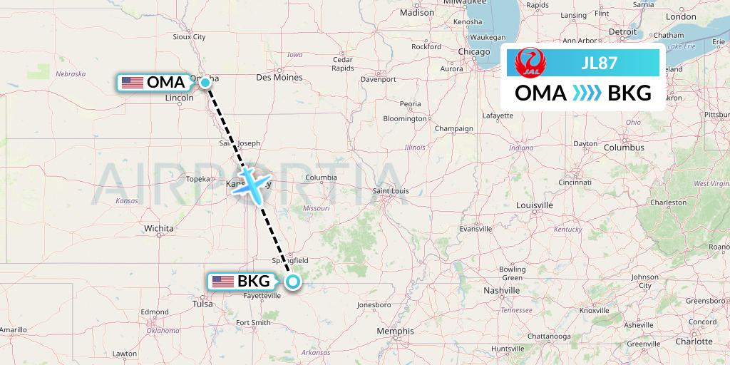 JL87 Japan Airlines Flight Map: Omaha to Branson