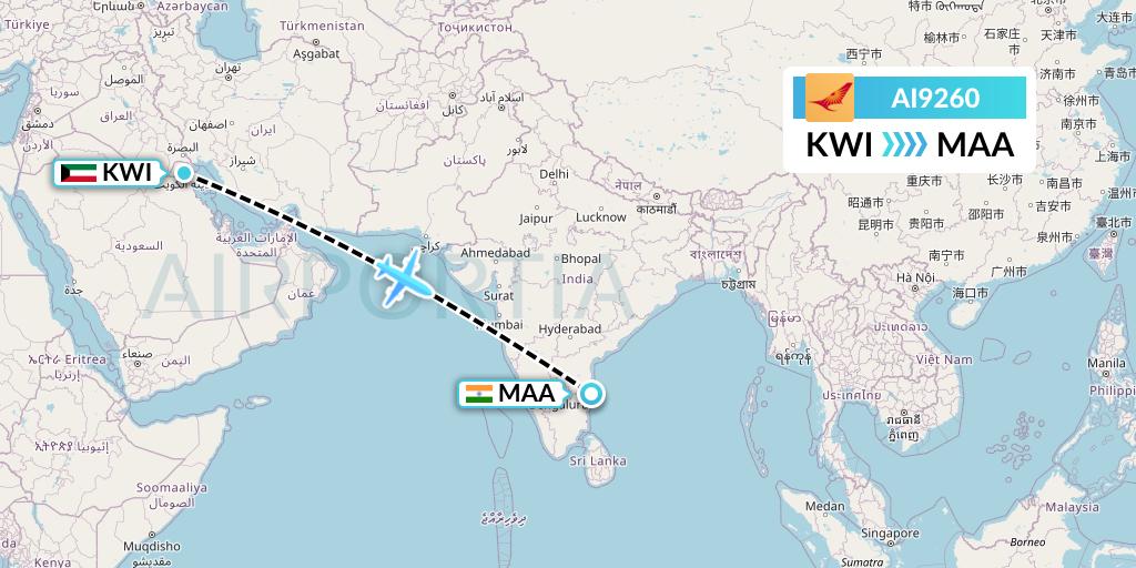 AI9260 Air India Flight Map: Kuwait City to Chennai