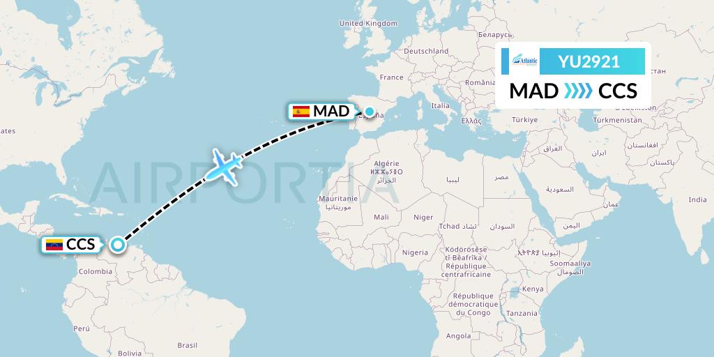 YU2921 EuroAtlantic Airways Flight Map: Madrid to Caracas