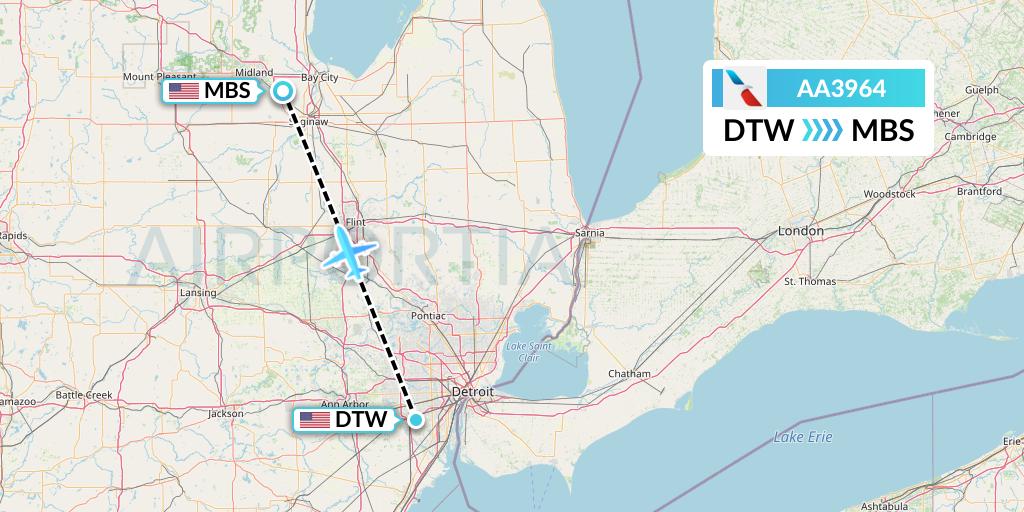 AA3964 American Airlines Flight Map: Detroit to Saginaw