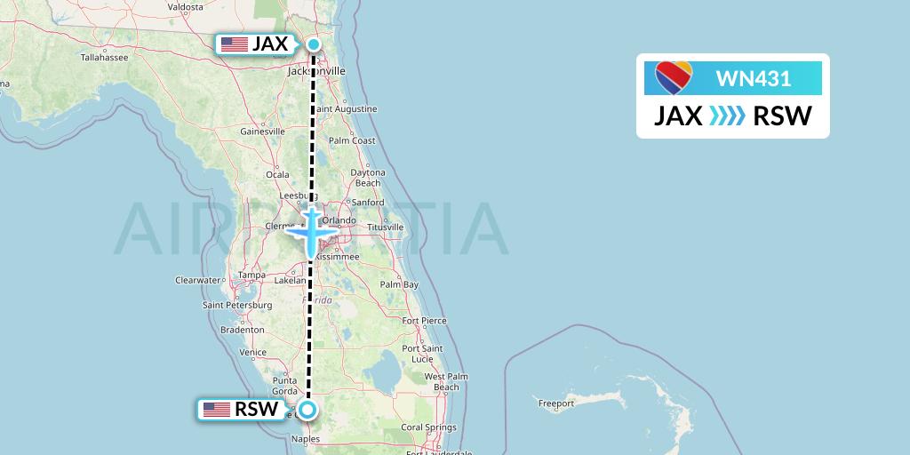 WN431 Southwest Airlines Flight Map: Jacksonville to Fort Myers