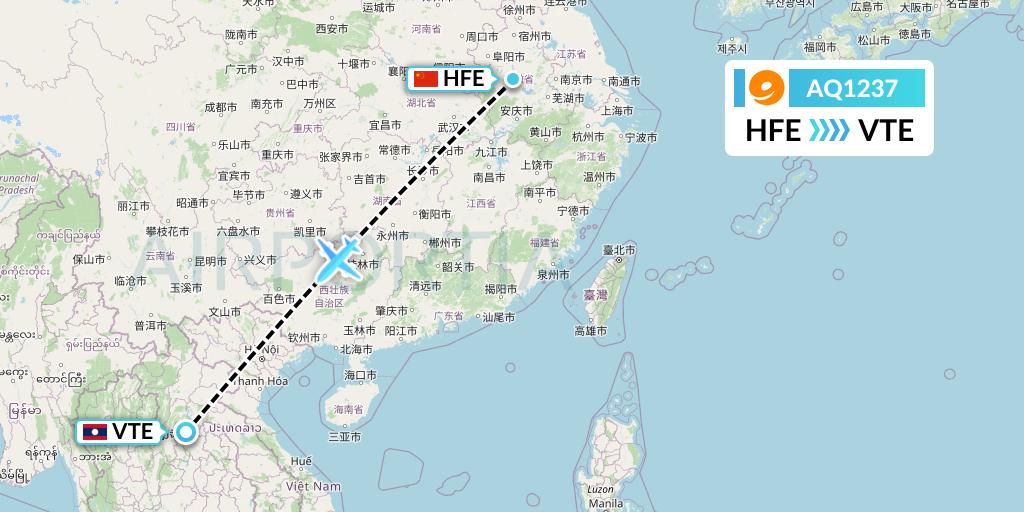 AQ1237 9 Air Flight Map: Hefei to Vientiane