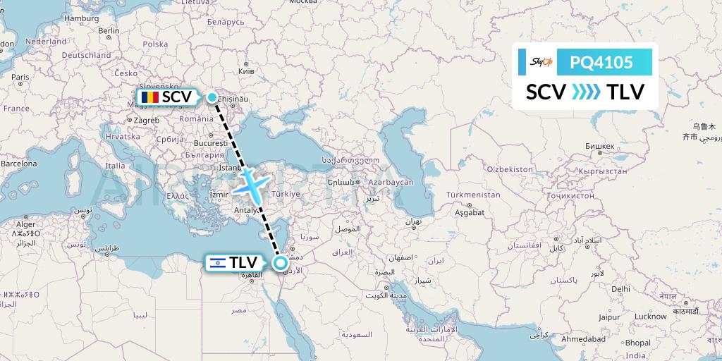 PQ4105 SkyUp Airlines Flight Map: Suceava to Tel Aviv