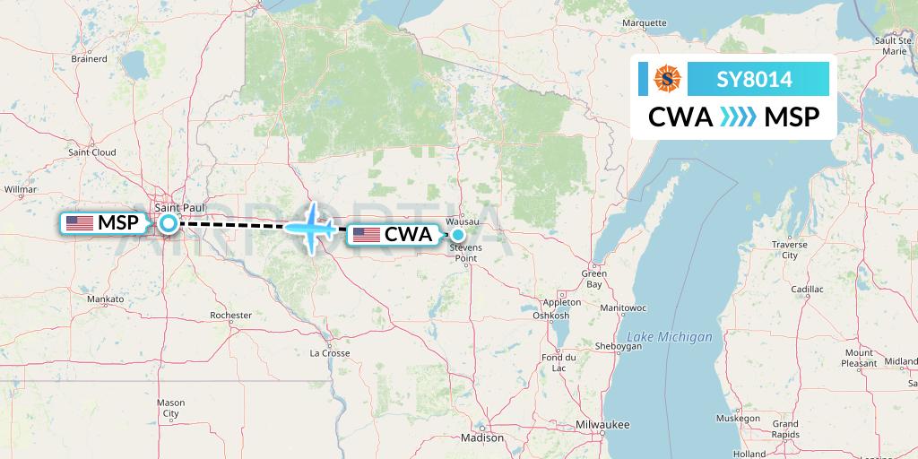 SY8014 Sun Country Airlines Flight Map: Wausau to Minneapolis
