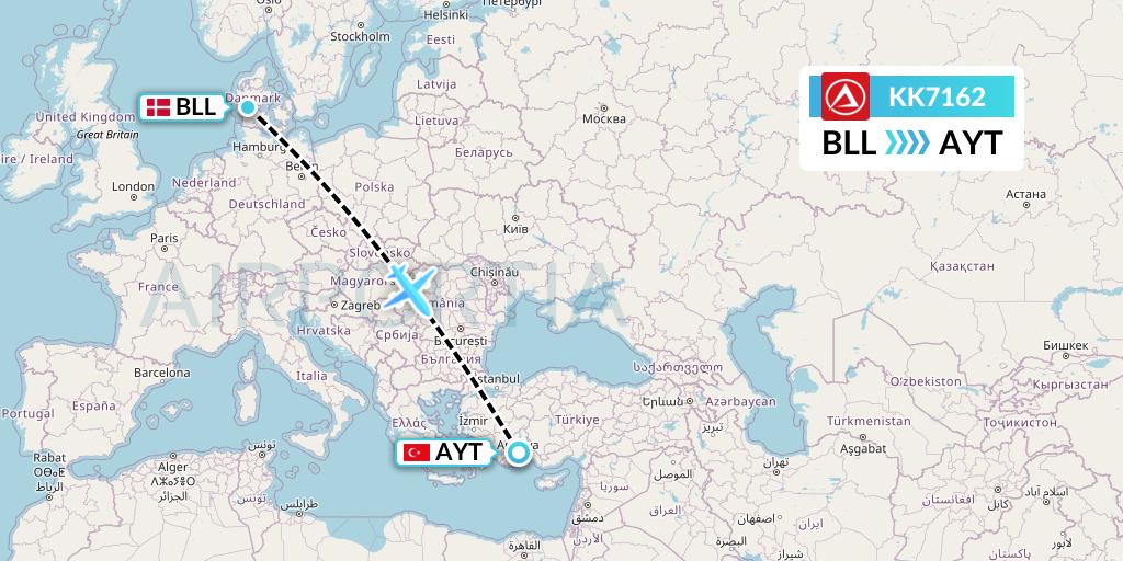 KK7162 Atlasjet Flight Map: Billund to Antalya