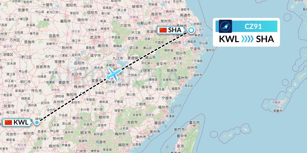 CZ91 China Southern Airlines Flight Map: Guilin to Shanghai