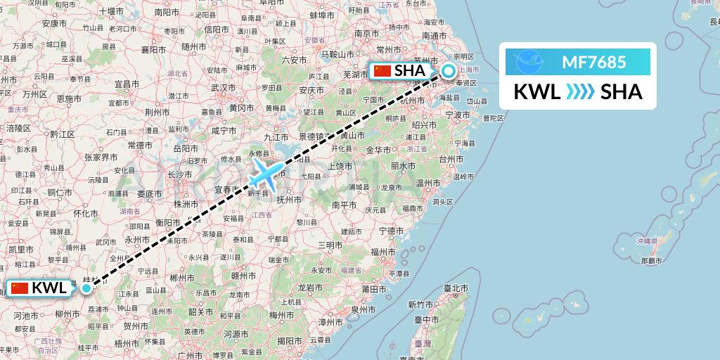MF7685 Xiamen Airlines Flight Map: Guilin to Shanghai