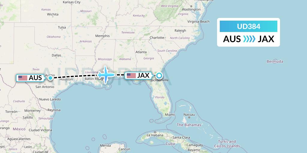 UD384 UR Airlines Flight Map: Austin to Jacksonville