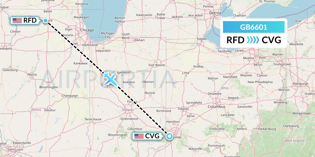 GB6601 ABX Air Flight Map: Chicago to Cincinnati