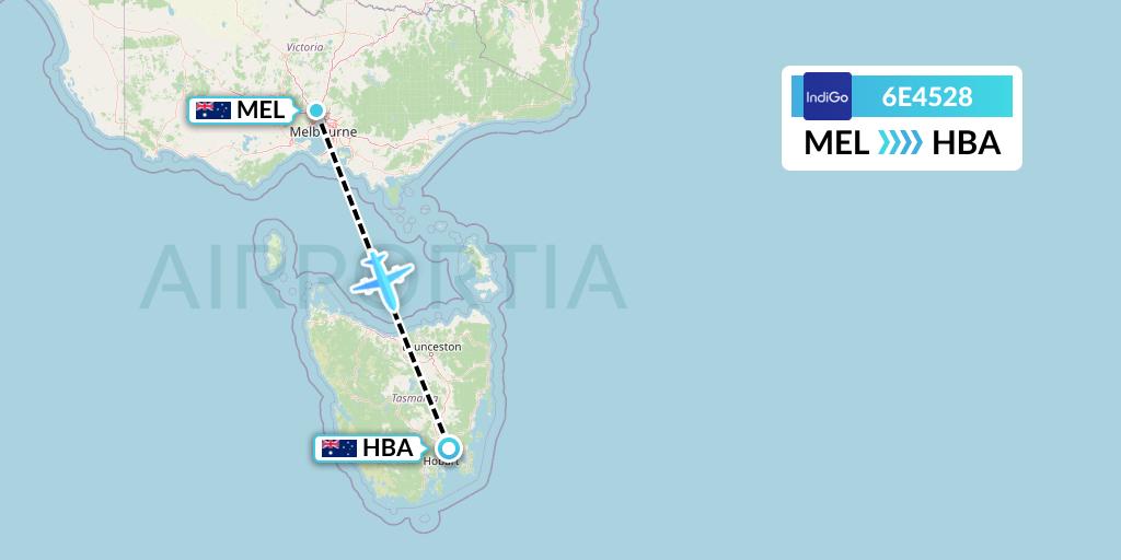 6E4528 IndiGo Airlines Flight Map: Melbourne to Hobart