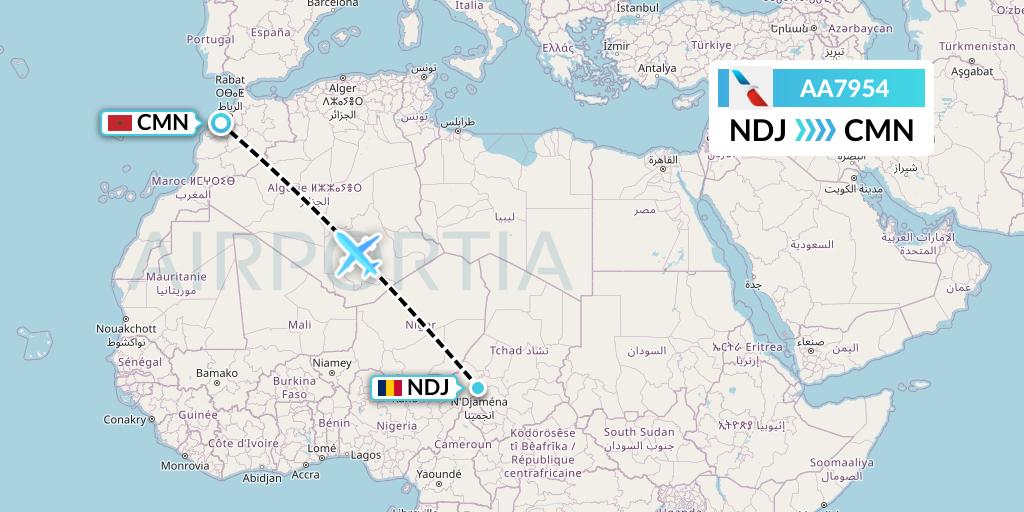 AA7954 American Airlines Flight Map: N'Djamena to Casablanca