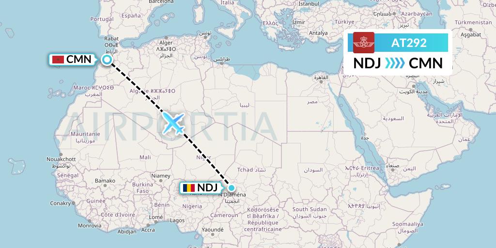 AT292 Royal Air Maroc Flight Map: N'Djamena to Casablanca