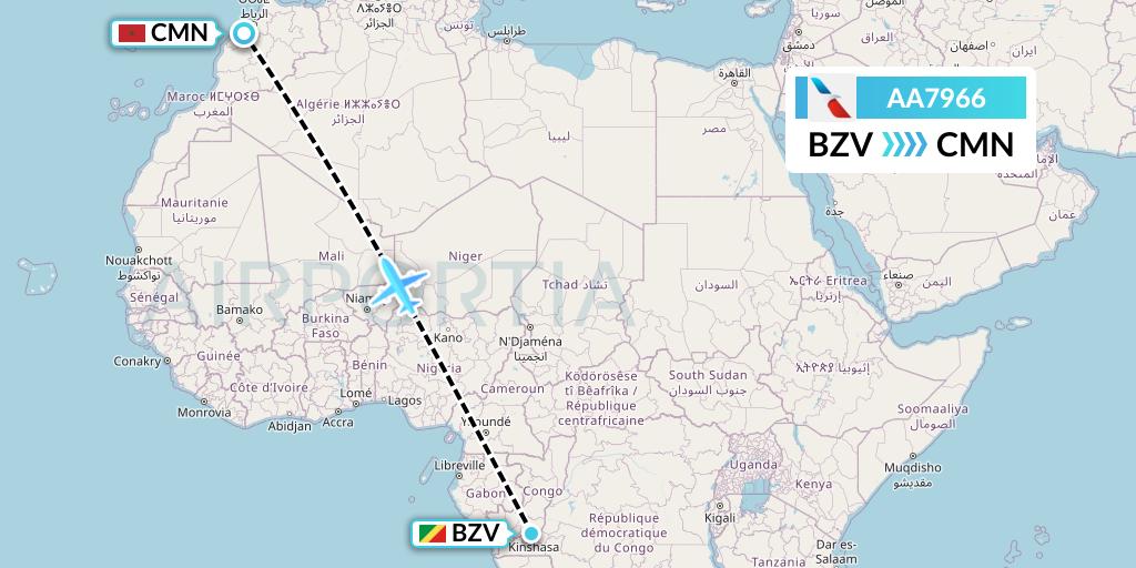 AA7966 American Airlines Flight Map: Brazzaville to Casablanca