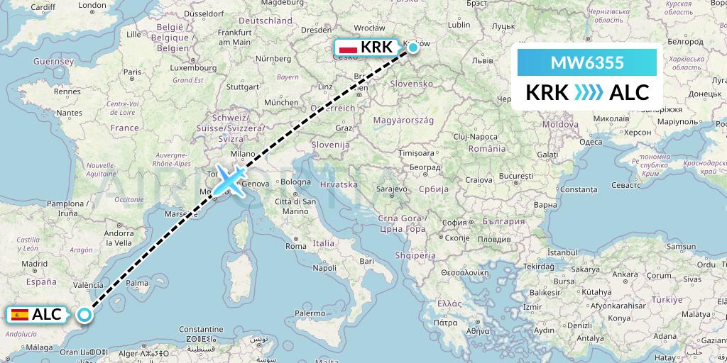 MW6355 Mokulele Flight Service Flight Map: Krakow to Alicante