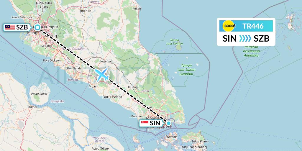 TR446 Tigerair Flight Map: Singapore to Kuala Lumpur
