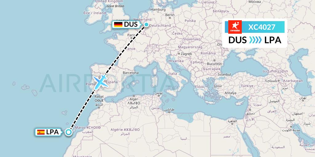 XC4027 Corendon Airlines Flight Map: Dusseldorf to Las Palmas