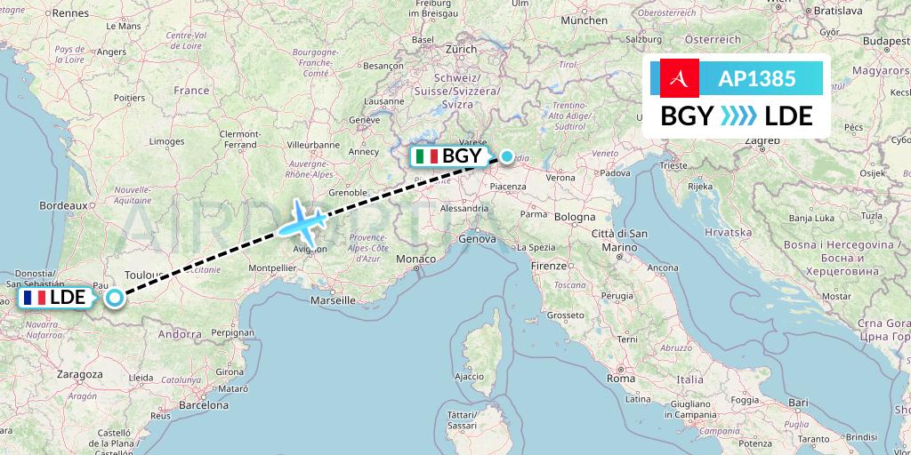 AP1385 AlbaStar Flight Map: Milan to Tarbes