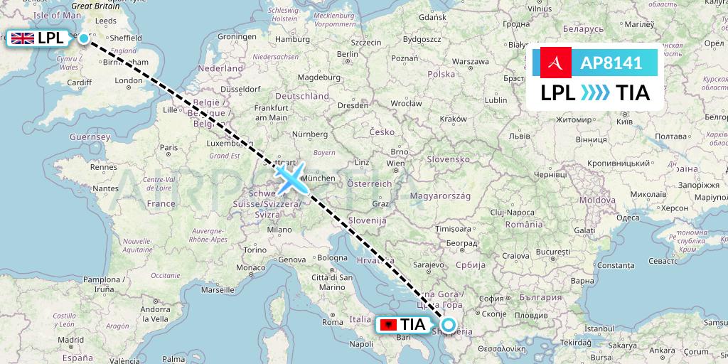 AP8141 AlbaStar Flight Map: Liverpool to Tirana