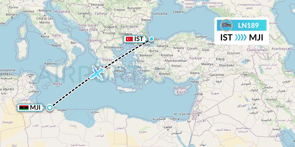LN189 Libyan Airlines Flight Map: Istanbul to Tripoli
